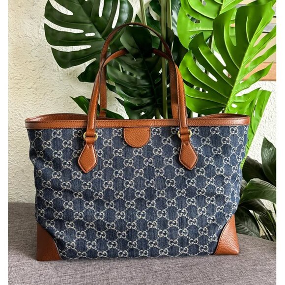 Gucci Ophidia GG Jacquard Denim Blue Brown Tote Bag Italy Leather Handbag New - Picture 2 of 15